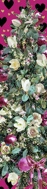 Free printable Christmas bookmarks of a Christmas tree with black hearts on a pink background